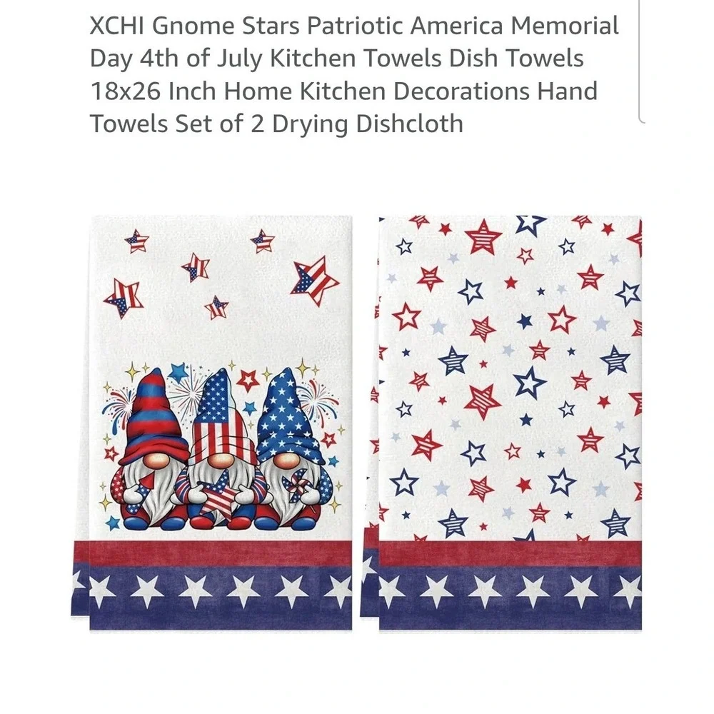 XCHI Patriotic Gnome Stars 4th of July Kitchen Towels Set of 2 Red White Blue